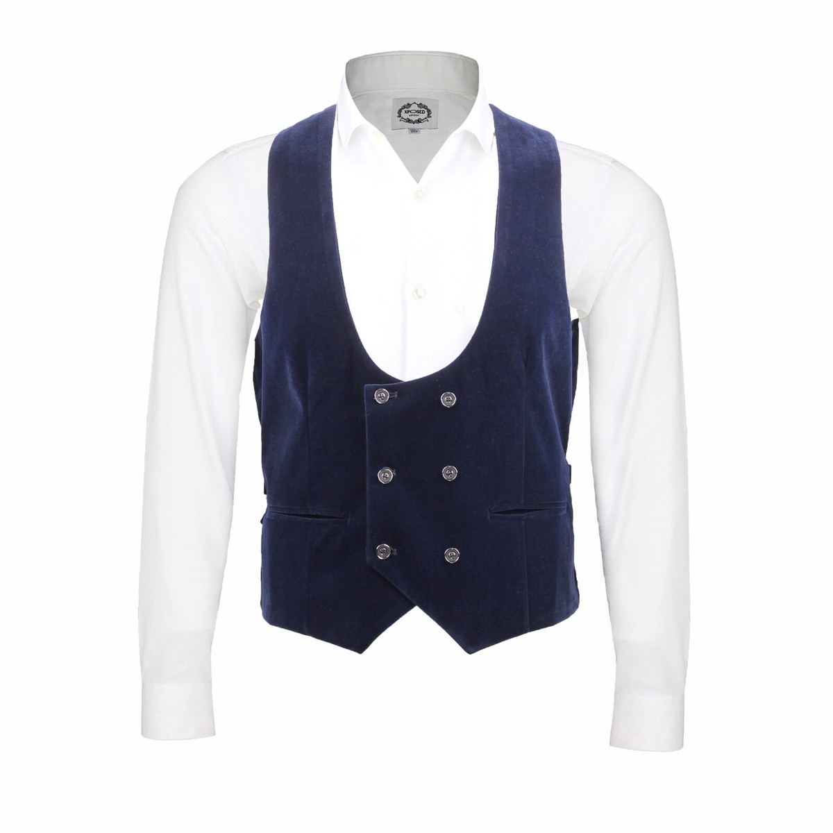 NAVY VELVET DOUBLE BREASTED LOW U CUT WAISTCOAT