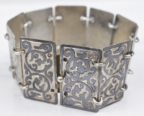 Niello Articulated Sterling Silver Cuff Bracelet 7" Long 1-1/4" Wide Beautiful - Picture 7 of 15