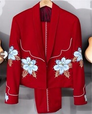 Men Designer 2Pc Red Customized Floral Embroidered Western Wedding Prom Outfit