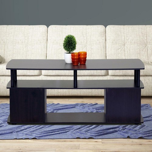 Furinno Coffee Table Black Wood Built-In Storage Space Rectangle Shape 4-Shelves - Picture 2 of 6
