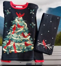 Heirloom Collectibles Embroidered Cardinal Christmas Tree Vtg Sweater & Scarf M