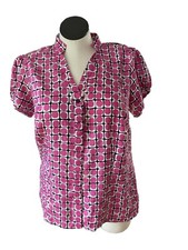 Notations Women Size 1X Pink Polka Dots Short Sleeve Button Dressy Shirt Preppy