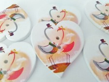6 White Heart Flamingo Buttons 30mm (1 1/2") Wood Romantic Bird Sewing Buttons