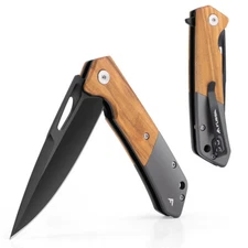 FLISSA Folding Pocket Knife SANDVIK 14C28N Steel Blade Olive Wood-Steel Handle