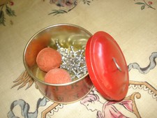 Vtg Set 16 Metal Jacks  2 Red Rubber Balls in Alphabet Tin