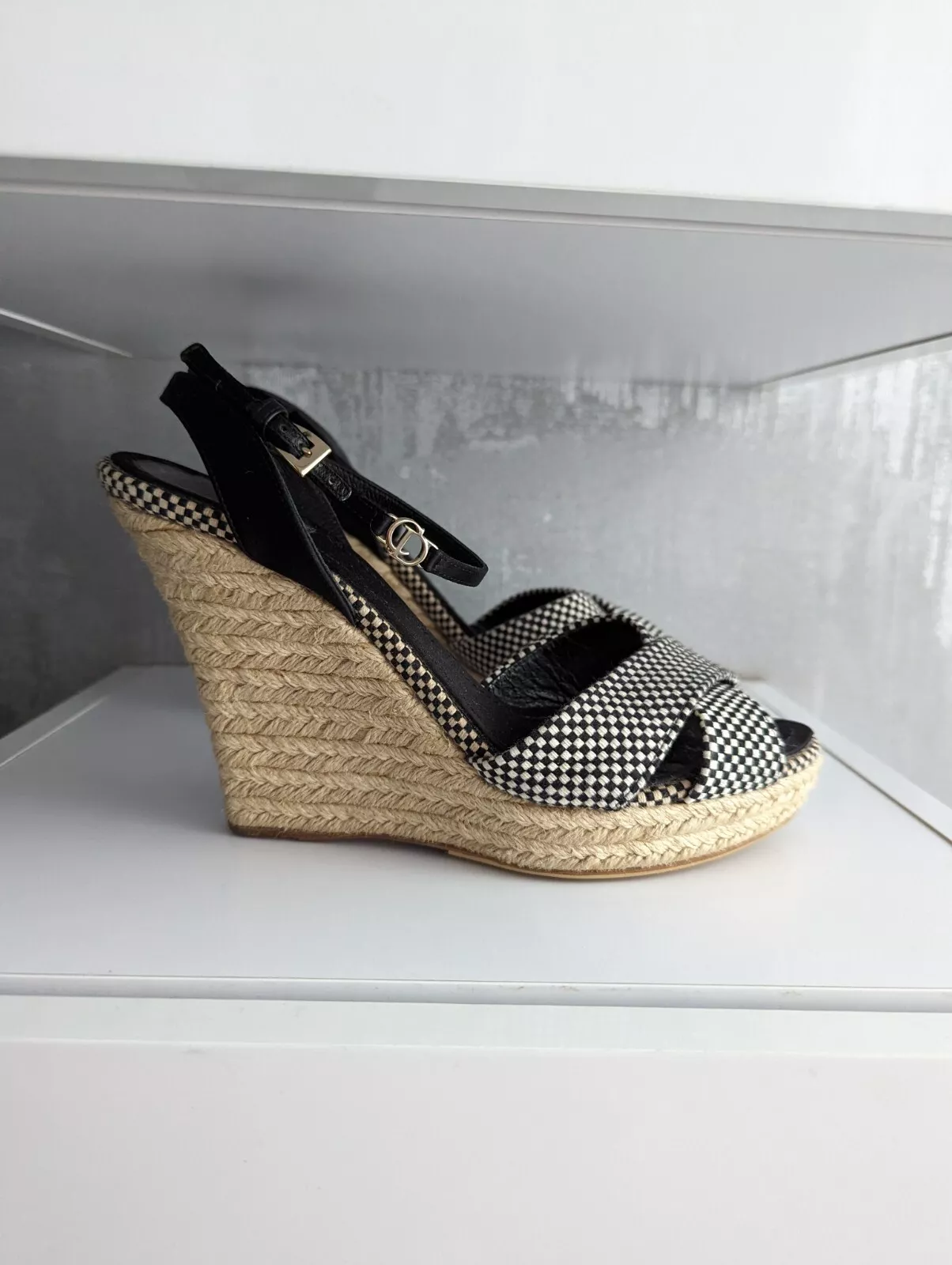Sandales à carreaux Christian Dior CD plaid tissé espadrilles coin plate forme chaussures cheville 39
