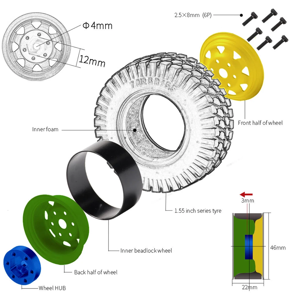 Llanta de cubo de rueda de aleación de 1,55" 4 piezas para RC 1/10 JIMNY Tamiya CC01 axial SCX10 AX90069 Foto 2 de 4