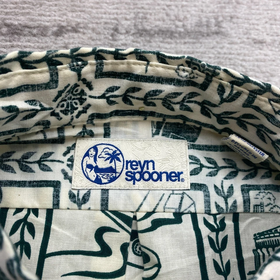 VTG Reyn Spooner Catalina Hawaiian Shirt XL Beige Green Seaplane Reverse Print - Image 3 of 4