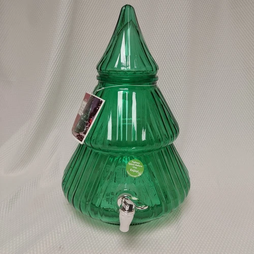 Green  Glass Christmas Tree beverage drink dispenser NWT Holiday Time 2.1 gallon
