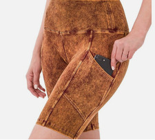 New Zenana Golden Mustard Mineral Wash Wide Waistband Biker Shorts Gym Pocket XL