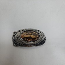Vintage Large Western Cowboys Natural stone Gemstone Belt Buckle Silver Tone