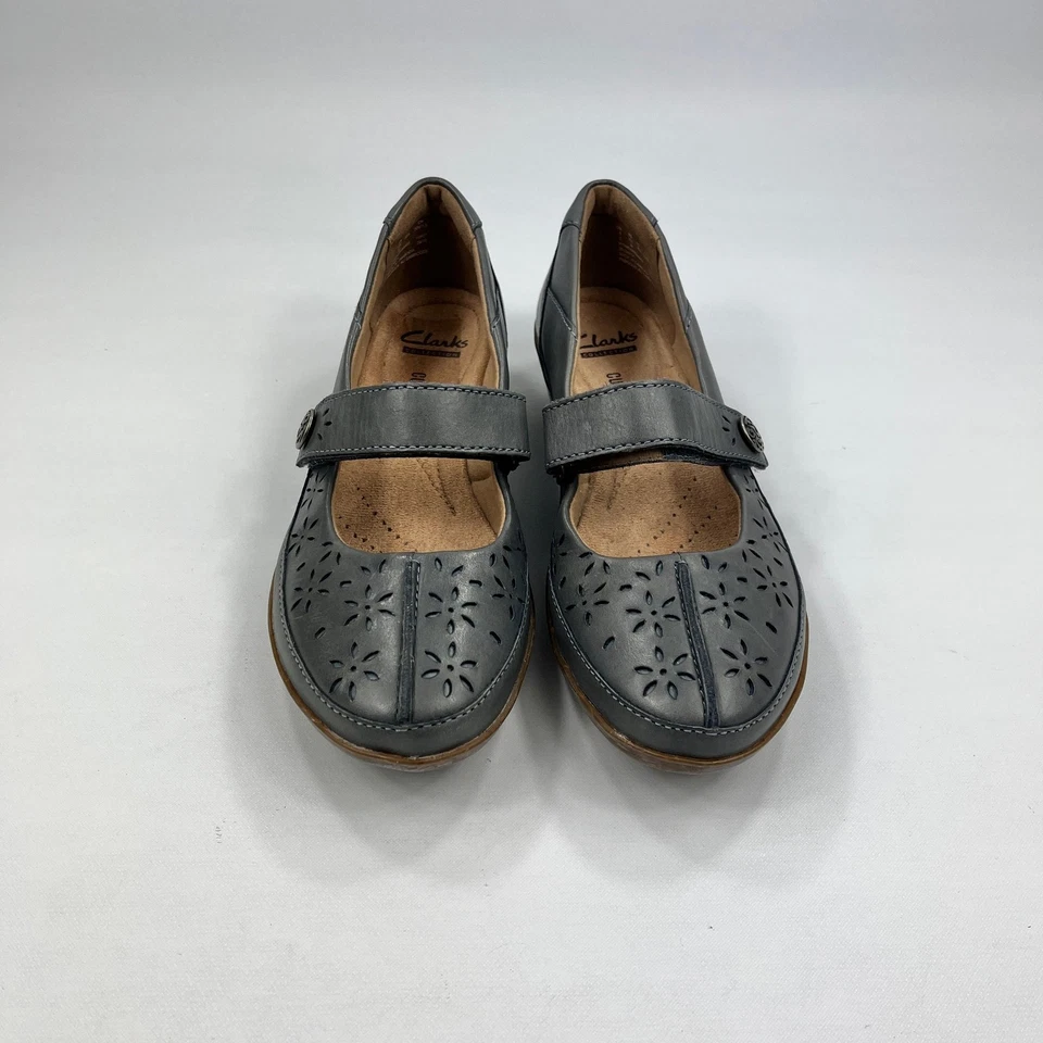 Clarks Womens Grey Leather Mary Jane Comfort Shoes UK 3 Flower Cutout Wedge Heel - Image 3 of 4
