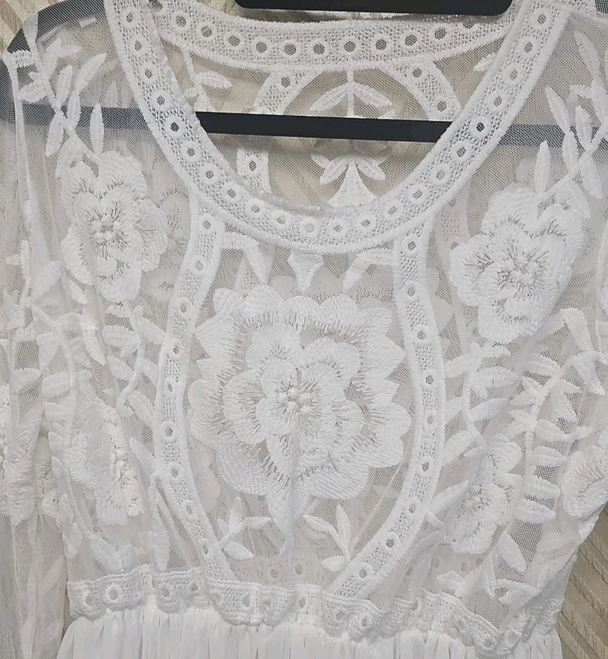 Boho lace dress maternity friendly embroidered lace long sleeve, sheer material - Image 2 of 4