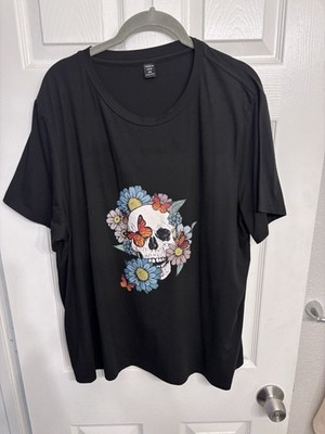 Black Skull Women s T-shirt Gothic Halloween Dia De Muertos Edgy