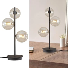 Modern Globe Table Lamp, Mid Century 3 Lights Black Bedside Lamp, Brown Glass...
