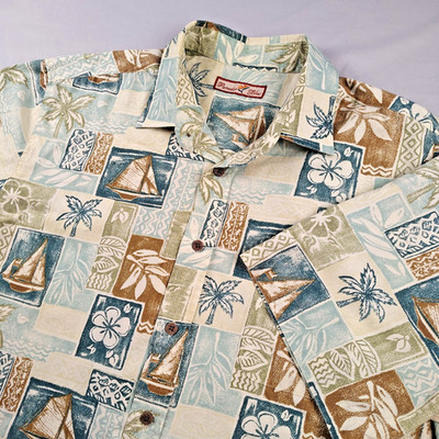 Paradise Blue XXL Tropical Hawaiian Shirt Sailboat Beach Resort Camp Aloha Palm
