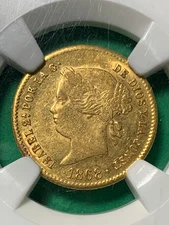 PHILIPPINES SPAIN 1868 2 PESO GOLD ISABEL II NGC AU 58 LUSTROUS