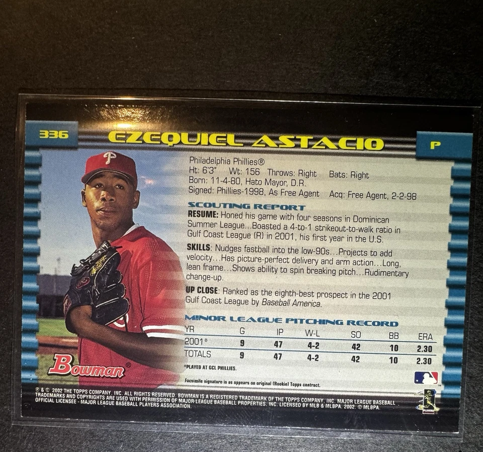 MINT CONDITION ROOKIE CARD 2002 BOWMAN GOLD #336 EZEQUIEL ASTACIO Auto - Image 2 of 2