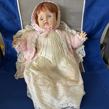 Vinyl Head Soft Cloth Body Baby Girl Doll Blue Eyes Brown Hair Lace Gown Bonnet