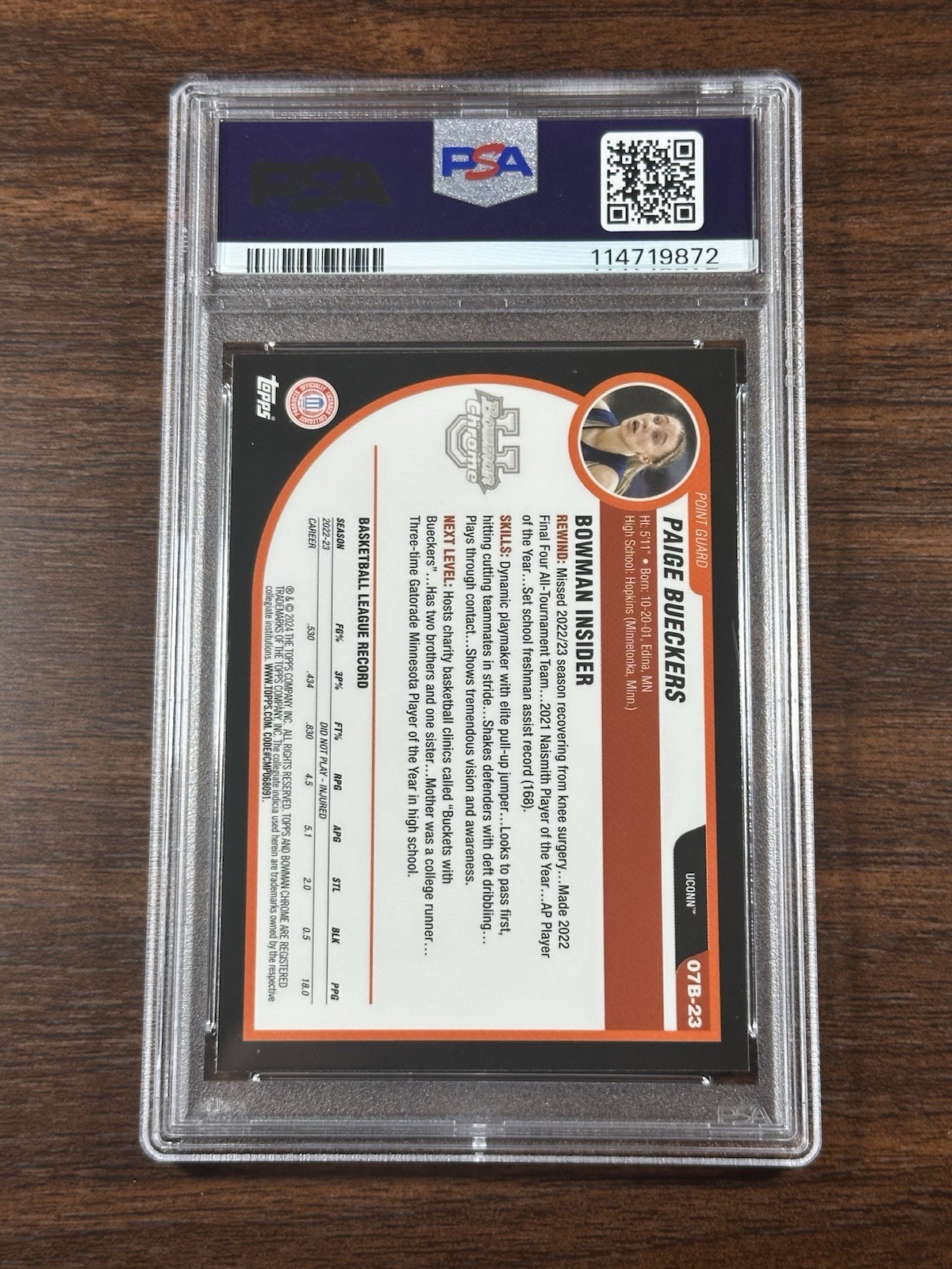 2023-24 Bowman Chrome U 2007-08 Bowman Paige Bueckers X-Fractor #07B-23 PSA 8 view 2
