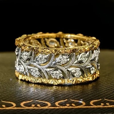 Two-tone Hollow-out Leaf Pattern Brass Ring with Cubic Zirconia for Women