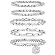 Silver Beaded Bracelets for Women, 14K Gold Plated Jewelry Bracelet Stack Dainty