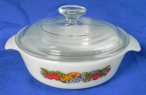 Fire King 1 Quart Runde Auflaufform #436 + Pyrex Deckel, Obsternte Muster, Exc - Bild 2 von 10