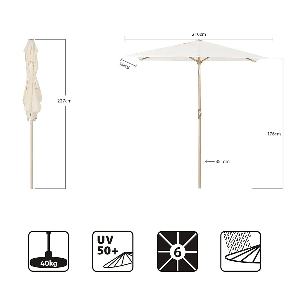 Sonnenschirm Rechteckig Knickbar 210x140cm Alu Kurbelschirm