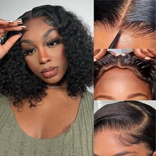 Glueless Curly Bob Wig Human Hair Pre Plucked Pre Cut 4x4 Wear and Go Wigs Cu...