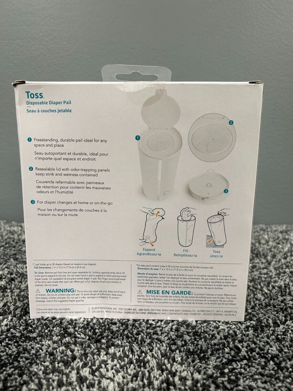 Munchkin Toss Portable Disposable Diaper Pail, 1 Pack, Holds 30 Diapers