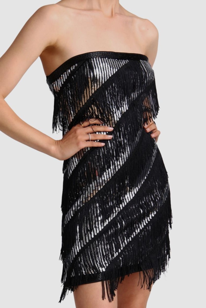 black bodycon fringe dress Avec Les Filles Women's Sequined Fringed Mini Size 4 Turn heads in this