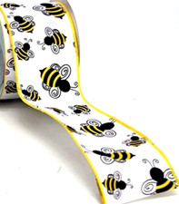 Bee Black Yellow on White Poplin 2.5" x 2 yd Curly Wings Summer Wired Ribbon