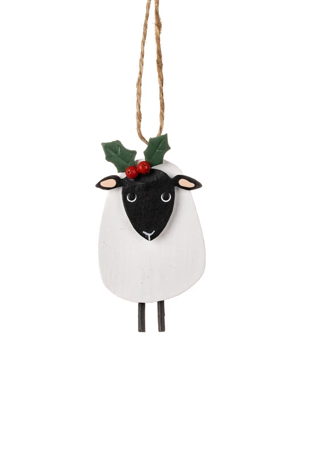 Shoeless Joe Metal Sheep with Holly Christmas Tree Decoration with Hanging Twine