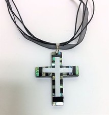 NEW ABALONE SHELL+WHITE MOP CROSS PENDANT,CHARM+BLACK MULTI CORD RIBBON,NECKLACE