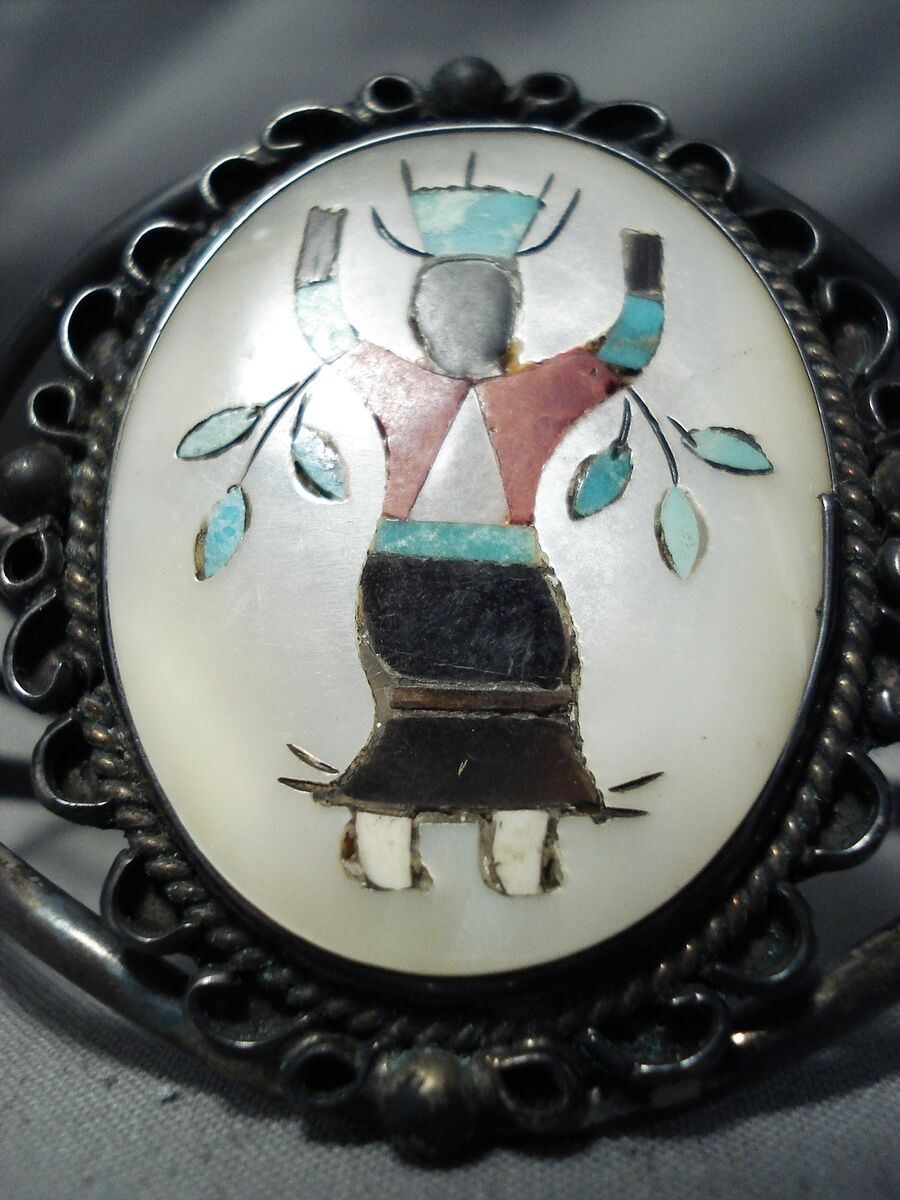 Huge Vintage Native American Zuni Inlay Ceremonial Dancer Sterling Silver Bracelet Huge Vintage Native American Zuni Inlay Ceremonial Dancer Sterling Silver Bracelet