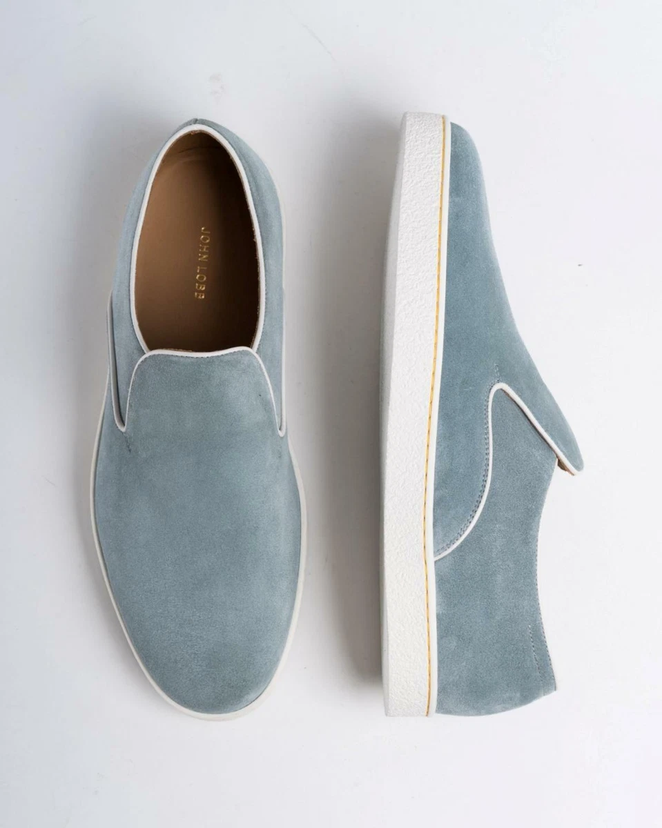 John Lobb $775 NIB Blue Gray Haven Suede Casual Slip On Shoes 8 Made in Italy