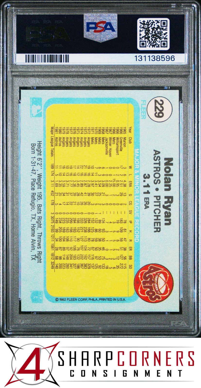 1982 FLEER #229 NOLAN RYAN ASTROS HOF PSA 10 view 2