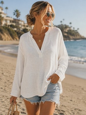 Rip Curl White Gauze Boho Tunic Top Coastal Beachy Lightweight Long Sleeve