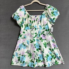 NEW Old Navy Mini Dress XL Blue Purple Floral Cotton Smocked Puff Babydoll
