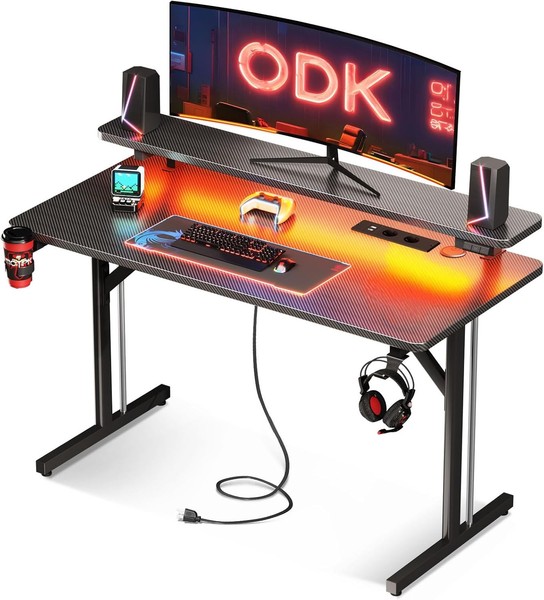 Odk Gaming Tisch, Kleiner Gaming Schreibtisch Mit Led Beleuchtung & Steckdosen-image