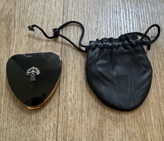 VINTAGE KIGU CHERIE HEART SHAPED BLACK ENAMEL & MARCASITE POWDER COMPACT