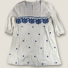Entro Tunic Dress Large Cream Blue Floral Embroidery Crochet Lace Boho Peasant