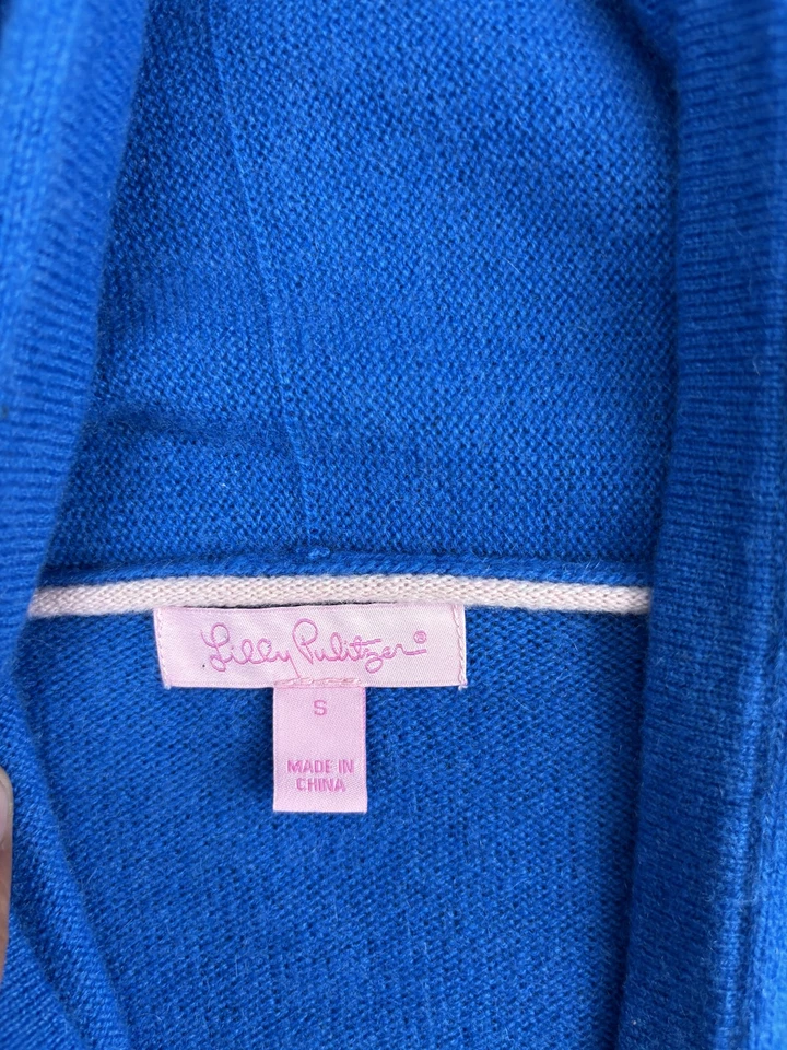 Suéter Lilly Pulitzer Mujer Pequeño Azul Cachemira Cárdigan con Capucha Volantes Dobladillo Foto 2 de 4