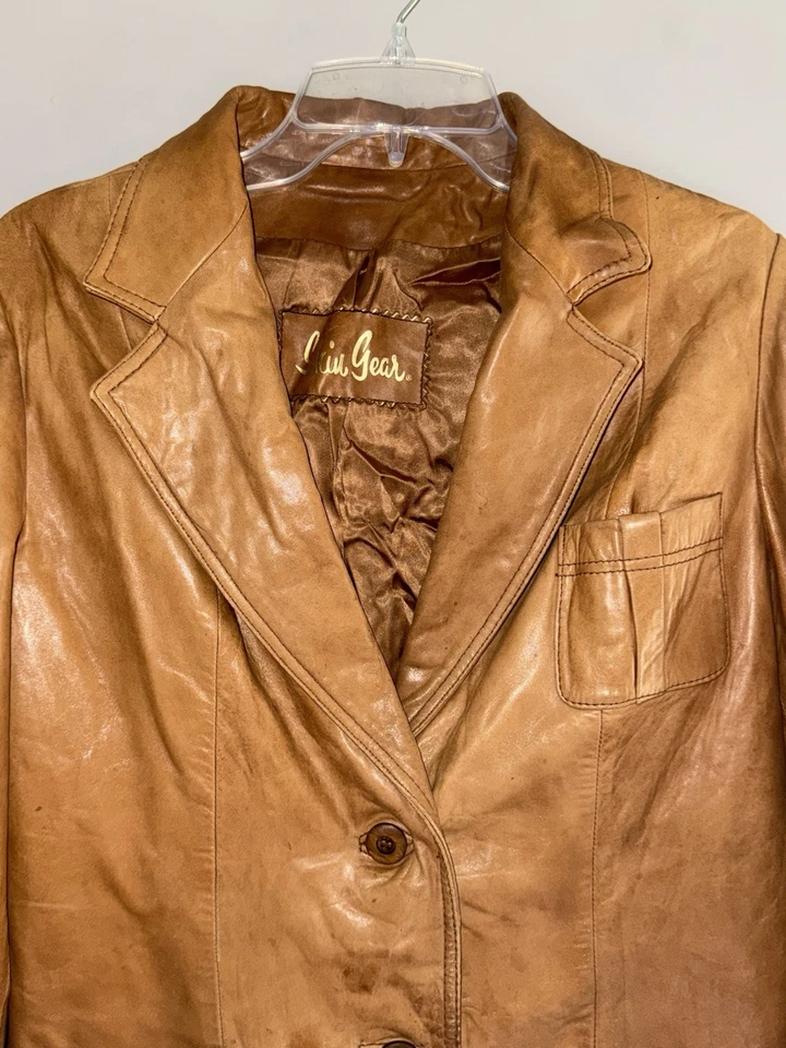 Abrigo chaqueta de cuero vintage Skin Gear para mujer dos botones marrón suave retro mediano Foto 3 de 4