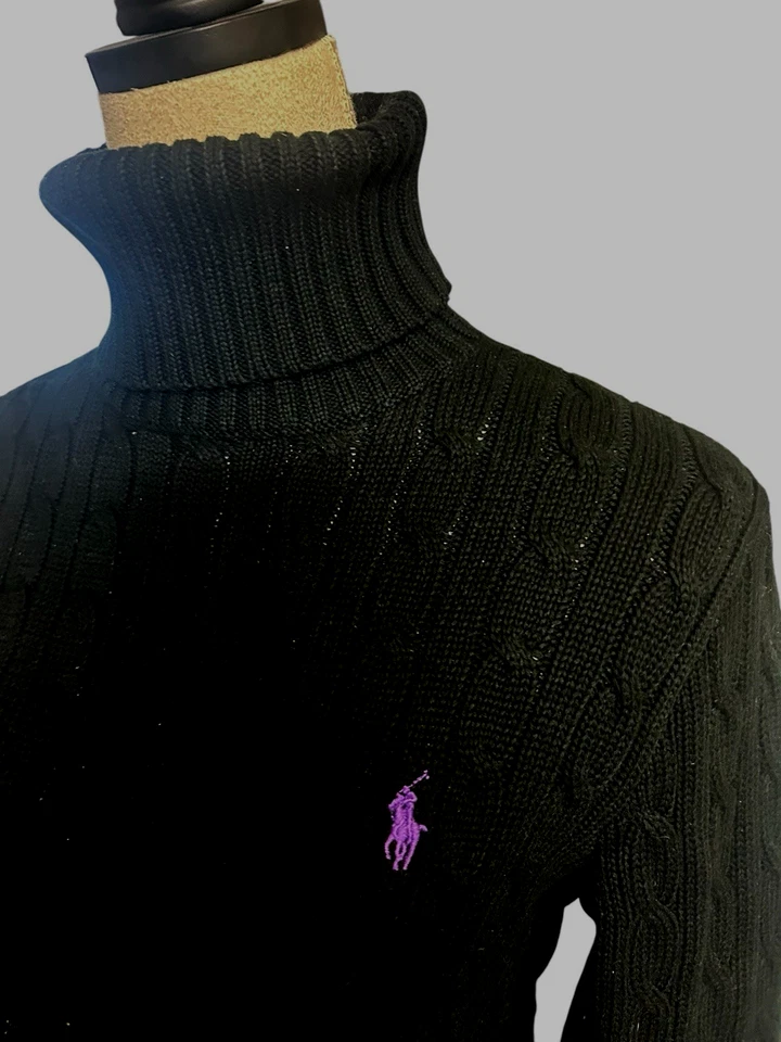 Suéter Ralph Lauren Deportivo Algodón Negro Púrpura Poni Cuello Alto Tejido con Cable Talla L Foto 3 de 4