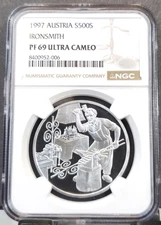 1997 AUSTRIA SILVER 500 SCHILLING IRONSMITH NGC PF 69 ULTRA CAMEO TOP POP 1