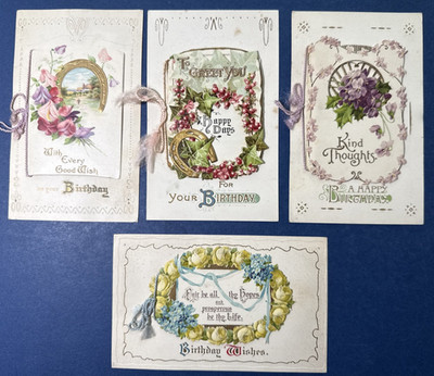 SET 4 Birthday Antique Postcards. EMB, Gold. Scenes, Flowers. BOOKLETS.  Nice!