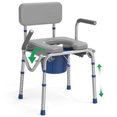 Drop Arm Bedside Commode, Commode with Padded Seat and Backrest, 500lbs Capac...