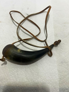 Vintage Black Powder Muzzleloader Powder Horn Flask Leather Strap Wooden Stopper
