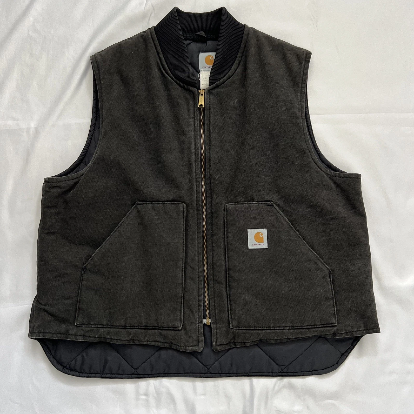 Vintage Carhartt Duck Canvas Quilt Lined Vest Faded Black V01 Made in USA 2XL